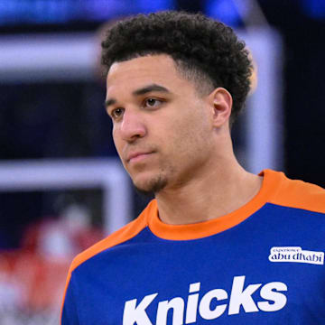 Apr 1, 2025; New York, New York, USA; New York Knicks forward Kevin McCullar Jr. (9) warms up before a game against the Philadelphia 76ers at Madison Square Garden. Mandatory Credit: John Jones-Imagn Images