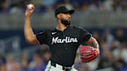 Sep 26, 2025; Miami, Florida, USA; Miami Marlins starting pitcher Sandy Alcantara (22) delivers pitch against the New York Mets during the first inning at loanDepot Park. 