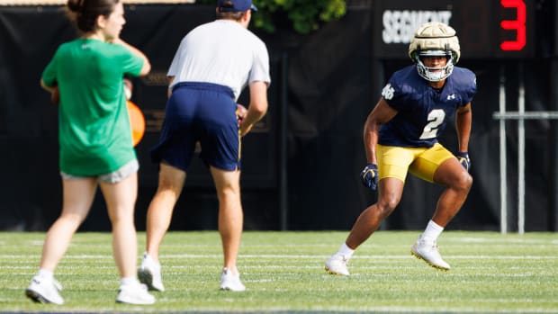 Northwestern transfer Rod Heard II participates in a drill at fall camp 2024.  