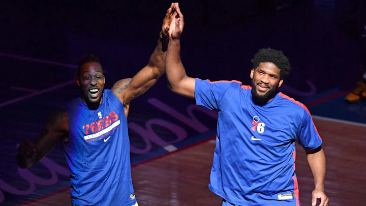 Apr 3, 2021; Philadelphia, Pennsylvania, USA; Philadelphia 76ers center Joel Embiid (21) high fives center Dwight Howard (39) during introductions against the Minnesota Timberwolves at Wells Fargo Center. Mandatory Credit: Eric Hartline-Imagn Images