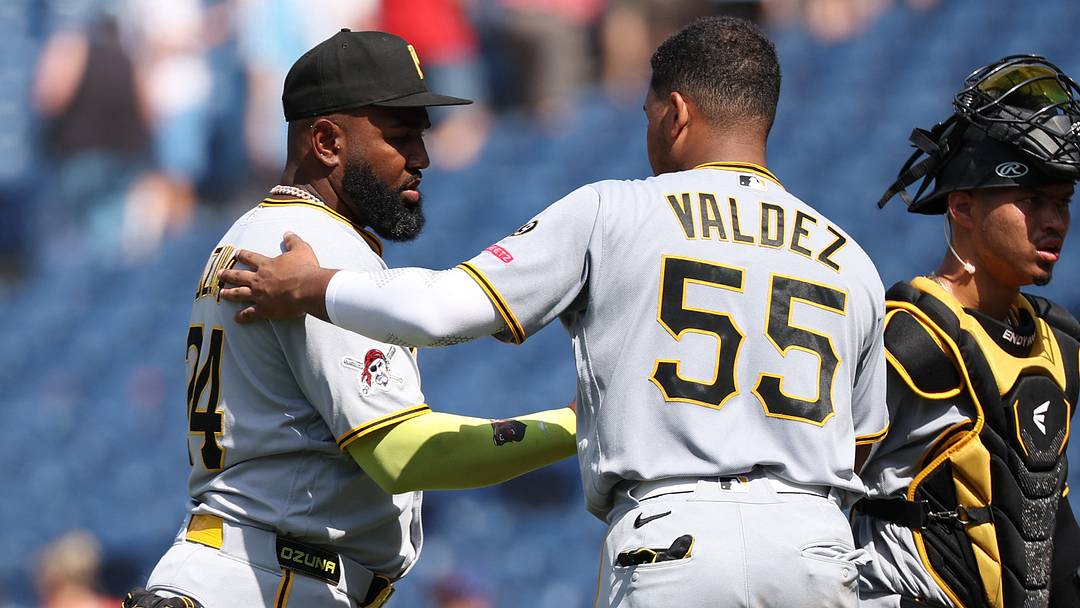 Jul 2, 2026; Philadelphia, Pennsylvania, USA; Pittsburgh Pirates designated hitter Marcell Ozuna (24) and right fielder Esmerlyn Valdez (55) shake hands after a win against the Philadelphia Phillies at Citizens Bank Park. Mandatory Credit: Bill Streicher-Imagn Images