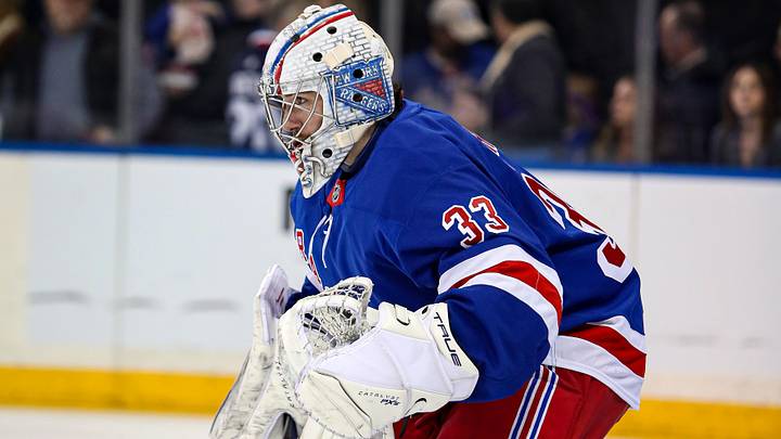 Dec 8, 2024; New York, New York, USA; New York Rangers goalie Dylan Garand (33) warms up before a game against the Seattle Kraken at Madison Square Garden. Mandatory Credit: Danny Wild-Imagn Images Dec 8, 2024; New York, New York, USA; New York Rangers goalie Dylan Garand (33) warms up before a game against the Seattle Kraken at Madison Square Garden. Mandatory Credit: Danny Wild-Imagn Images