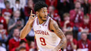 Indiana Hoosiers guard Kanaan Carlyle (9) celebrates after making a three-point basket during the second half against the Minnesota Golden Gophers at Simon Skjodt Assembly Hall.