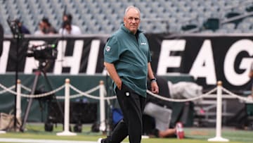Sep 16, 2024; Philadelphia, Pennsylvania, USA; Philadelphia Eagles defensive coordinator Vic Fangio before a game against the Atlanta Falcons at Lincoln Financial Field.