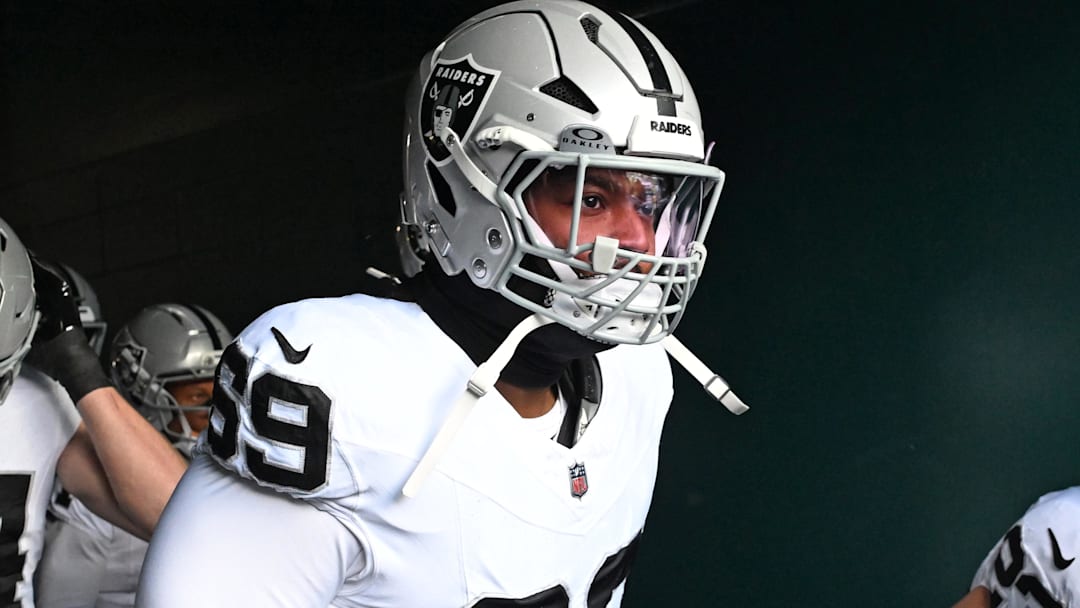 Dec 14, 2025; Philadelphia, Pennsylvania, USA; Las Vegas Raiders defensive tackle Adam Butler (69) in the tunnel against the Philadelphia Eagles at Lincoln Financial Field. Mandatory Credit: Eric Hartline-Imagn Images