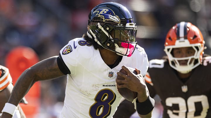Oct 27, 2024; Cleveland, Ohio, USA; Baltimore Ravens quarterback Lamar Jackson (8) runs the ball against the Cleveland Brownsduring the second quarter at Huntington Bank Field. Mandatory Credit: Scott Galvin-Imagn Images Oct 27, 2024; Cleveland, Ohio, USA; Baltimore Ravens quarterback Lamar Jackson (8) runs the ball against the Cleveland Brownsduring the second quarter at Huntington Bank Field. Mandatory Credit: Scott Galvin-Imagn Images
