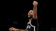 Mar 28, 2025; Brooklyn, New York, USA; Brooklyn Nets guard D'Angelo Russell (1) reacts after missing a three point shot against the Los Angeles Clippers during the third quarter at Barclays Center. Mandatory Credit: Brad Penner-Imagn Images