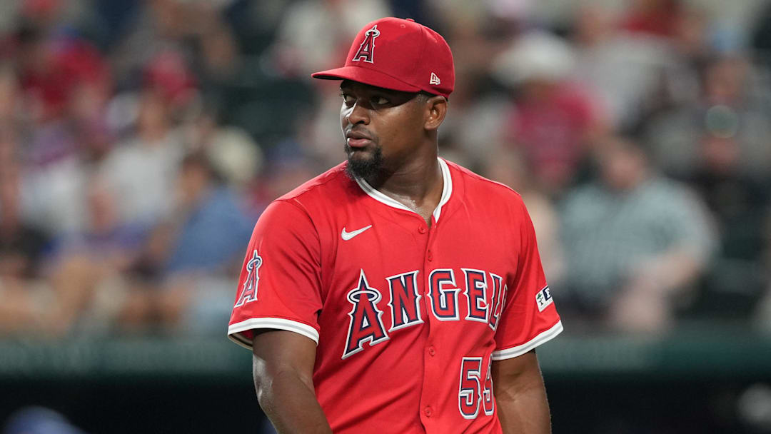 Aug 25, 2025; Arlington, Texas, USA; Los Angeles Angels starting pitcher Jose Soriano (59) leaves the game during the sixth inning against the Texas Rangers at Globe Life Field. Mandatory Credit: Jim Cowsert-Imagn Images Aug 25, 2025; Arlington, Texas, USA; Los Angeles Angels starting pitcher Jose Soriano (59) leaves the game during the sixth inning against the Texas Rangers at Globe Life Field. Mandatory Credit: Jim Cowsert-Imagn Images