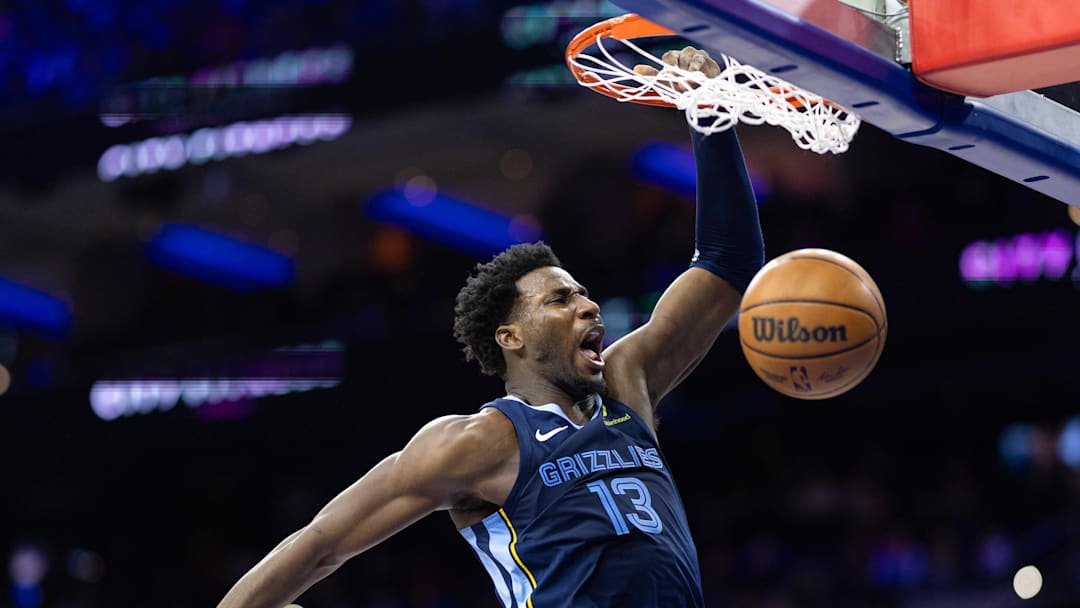 Nov 2, 2024; Philadelphia, Pennsylvania, USA; Memphis Grizzlies forward Jaren Jackson Jr. (13) dunks the ball against the Philadelphia 76ers during the fourth quarter at Wells Fargo Center. Mandatory Credit: Bill Streicher-Imagn Images