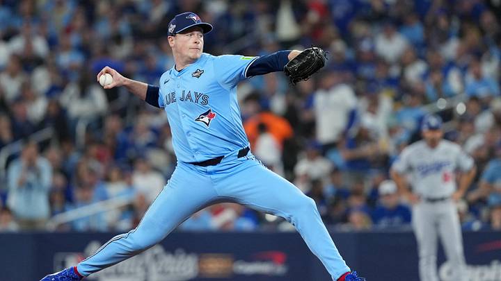 Oct 31, 2025; Toronto, Ontario, CAN; Toronto Blue Jays pitcher Louis Varland (77) throws a pitch in the seventh inning against the Los Angeles Dodgers for game six of the 2025 MLB World Series at Rogers Centre. Mandatory Credit: Nick Turchiaro-Imagn Images