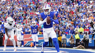 Buffalo Bills wide receiver Keon Coleman (0) catches a two-point conversion against the Miami Dolphins.