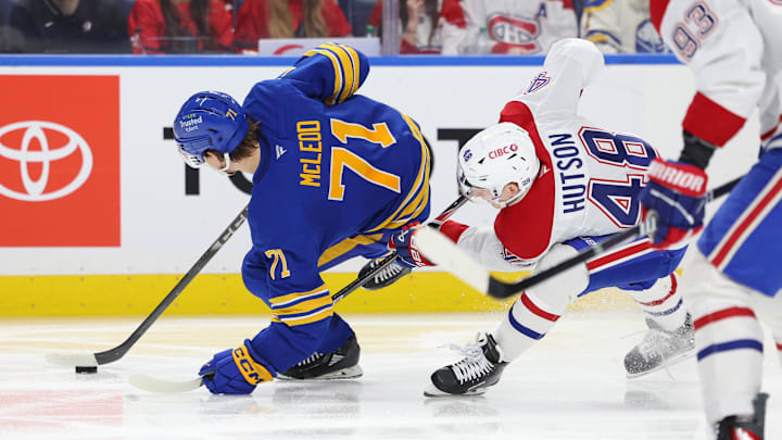 Jan 31, 2026; Buffalo, New York, USA;  Montréal Canadiens defenseman Lane Hutson (48) takes a penalty on Buffalo Sabres center Ryan McLeod (71) during the second period at KeyBank Center. Mandatory Credit: Timothy T. Ludwig-Imagn Images