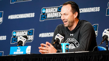 Mar 20, 2024; Omaha, NE, USA; South Dakota State Jackrabbits head coach Eric Henderson speaks with media during the NCAA first round practice session at CHI Health Center Omaha. Mandatory Credit: Dylan Widger-Imagn Images