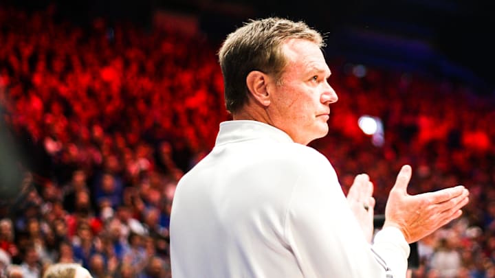 Kansas head coach Bill Self looks on during a college basketball game against Missouri at the Allen Fieldhouse on Dec. 9, 2023, in Lawrence, Kan. Kansas head coach Bill Self looks on during a college basketball game against Missouri at the Allen Fieldhouse on Dec. 9, 2023, in Lawrence, Kan.