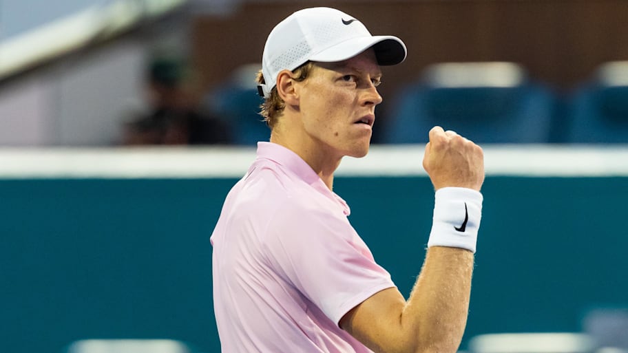 Jannik Sinner of Italy celebrates during his match against Jiri Lehecka of the Czech Republic at the Miami Open.