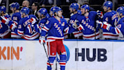 Feb 5, 2025; New York, New York, USA; New York Rangers left wing Chris Kreider (20) celebrates his short handed goal against the Boston Bruins with teammates during the third period at Madison Square Garden. Mandatory Credit: Brad Penner-Imagn Images
