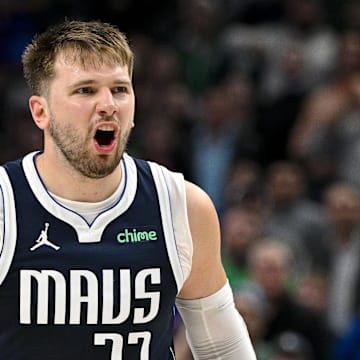 Mar 7, 2024; Dallas, Texas, USA; Dallas Mavericks guard Luka Doncic (77) reacts to a call during the second half against the Miami Heat at the American Airlines Center. Mandatory Credit: Jerome Miron-Imagn Images