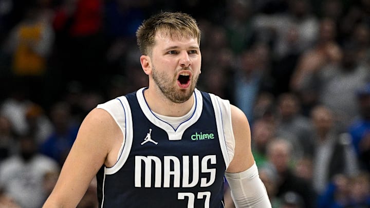 Mar 7, 2024; Dallas, Texas, USA; Dallas Mavericks guard Luka Doncic (77) reacts to a call during the second half against the Miami Heat at the American Airlines Center. Mandatory Credit: Jerome Miron-Imagn Images