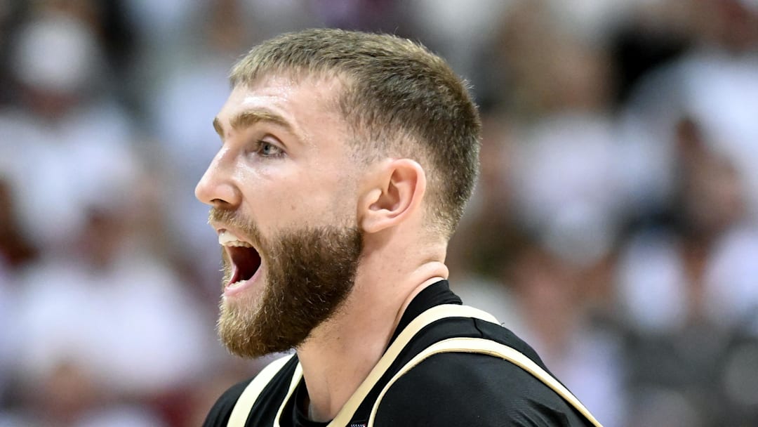 Jan 27, 2026; Bloomington, Indiana, USA; Purdue Boilermakers guard Braden Smith (3) reacts after a play against the Indiana Hoosiers during the first half at Simon Skjodt Assembly Hall.