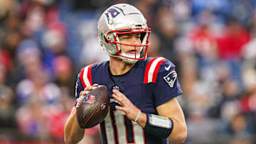 Dec 28, 2024; Foxborough, Massachusetts, USA; New England Patriots quarterback Drake Maye (10) looks to pass the ball against the Los Angeles Chargers in the second half at Gillette Stadium. Mandatory Credit: David Butler II-Imagn Images