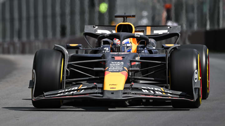 Jun 9, 2024; Montreal, Quebec, CAN; Red Bull Racing driver Max Verstappen (NED) races during the Canadian Grand Prix at Circuit Gilles Villeneuve. Mandatory Credit: David Kirouac-USA TODAY Sports