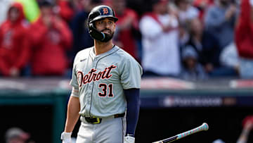Detroit Tigers pitcher Tarik Skubal (29) reacts after struck out against Cleveland Guardians during the third inning at Game 5 of ALDS at Progressive Field in Cleveland, Ohio on Saturday, Oct. 12, 2024.