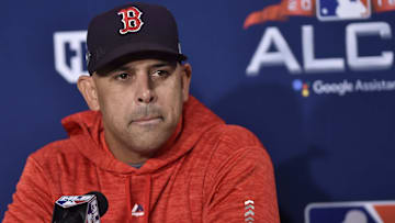 Oct 12, 2018; Boston, MA, USA; Boston Red Sox manager Alex Cora (20) speaks to the media prior to the ALCS against the Houston Astros at Fenway Park. 