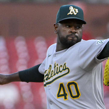 Sep 2, 2025; St. Louis, Missouri, USA;  Athletics starting pitcher Luis Severino (40) pitches against the St. Louis Cardinals during the first inning at Busch Stadium. Mandatory Credit: Jeff Curry-Imagn Images