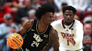 Dec 31, 2024; Lubbock, Texas, USA;  Central Florida Knights guard Jaylin Sellers (24) dribbles the ball against Texas Tech Red Raiders guard Kevin Overton (1) in the first half at United Supermarkets Arena. Mandatory Credit: Michael C. Johnson-Imagn Images