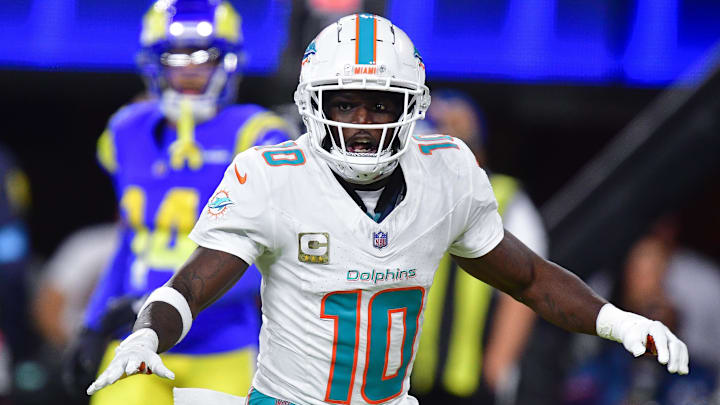 Nov 11, 2024; Inglewood, California, USA; Miami Dolphins wide receiver Tyreek Hill (10) celebrates his touchdown scored against the Los Angeles Rams during the second half at SoFi Stadium. Nov 11, 2024; Inglewood, California, USA; Miami Dolphins wide receiver Tyreek Hill (10) celebrates his touchdown scored against the Los Angeles Rams during the second half at SoFi Stadium.