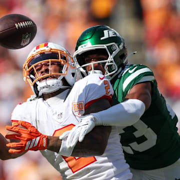 Bucs quarterback Baker Mayfield playfully teased rookie Emeka Egbuka after Sunday's win over the Jets.