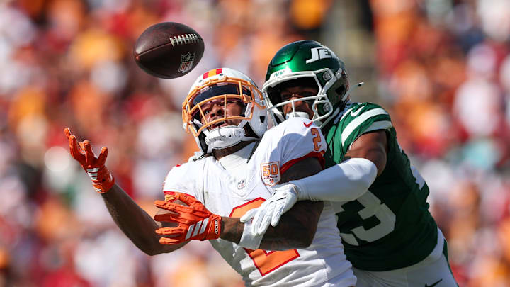 Bucs quarterback Baker Mayfield playfully teased rookie Emeka Egbuka after Sunday's win over the Jets.