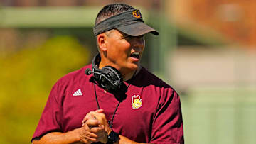 Arizona State defensive coordinator Brian Ward runs a drill for his secondary during the first day of fall practice in Tempe, Ariz. on July 30, 2025.