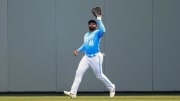 Apr 19, 2023; Kansas City, Missouri, USA; Kansas City Royals center fielder Jackie Bradley Jr. (41) catches a fly ball during the first inning against the Texas Rangers at Kauffman Stadium. Mandatory Credit: Jay Biggerstaff-USA TODAY Sports