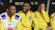 Sep 10, 2019; Los Angeles, CA, USA; Brazil forward Neymar (10) smiles on the bench prior to the South American Showdown soccer match against Peru at Los Angeles Coliseum. Mandatory Credit: Kelvin Kuo-Imagn Images
