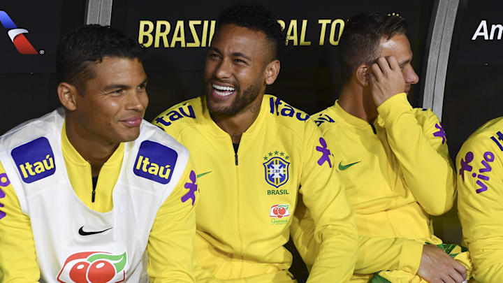 Sep 10, 2019; Los Angeles, CA, USA; Brazil forward Neymar (10) smiles on the bench prior to the South American Showdown soccer match against Peru at Los Angeles Coliseum. Mandatory Credit: Kelvin Kuo-Imagn Images Sep 10, 2019; Los Angeles, CA, USA; Brazil forward Neymar (10) smiles on the bench prior to the South American Showdown soccer match against Peru at Los Angeles Coliseum. Mandatory Credit: Kelvin Kuo-Imagn Images