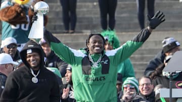 Eagle receiver A.J. Brown gestures during the Philadelphia Eagles Super Bowl celebration in front of the Philadelphia Museum of Art, Friday, Feb. 14, 2025.