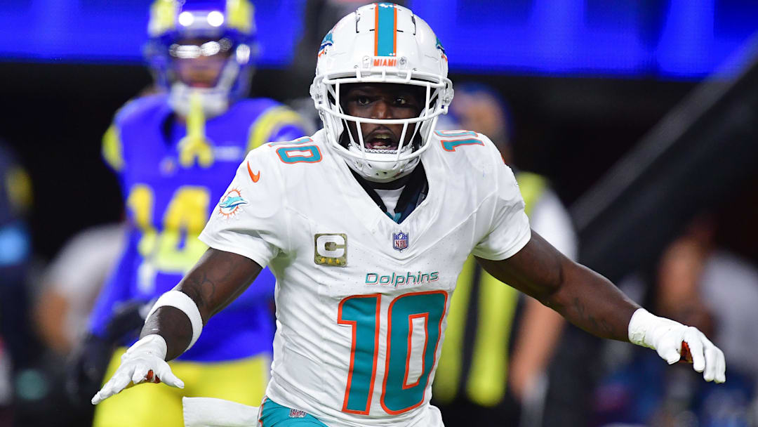 Nov 11, 2024; Inglewood, California, USA; Miami Dolphins wide receiver Tyreek Hill (10) celebrates his touchdown scored against the Los Angeles Rams during the second half at SoFi Stadium.
