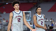 Jun 24, 2023; Glendale, AZ, USA; Columbus player Cameron Boozer (12) and brother Cayden Boozer (2) during the Section 7 high school boys tournament at State Farm Stadium. Mandatory Credit: Mark J. Rebilas-Imagn Images