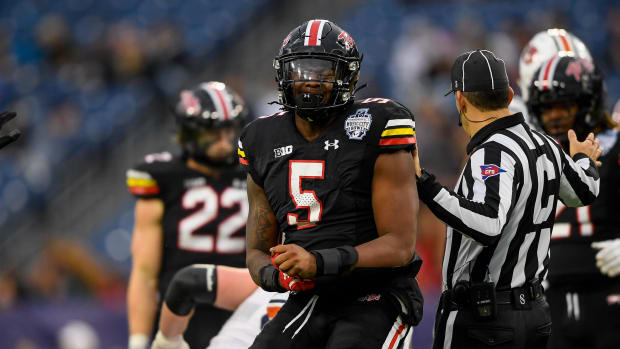 Maryland Terrapins defensive lineman Quashon Fuller (5) celebrates the tackle for loss against the Auburn Tigers during the s