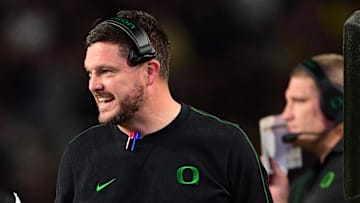 Oct 18, 2024; West Lafayette, Indiana, USA; Oregon Ducks head coach Dan Lanning reacts on the sidelines during the second quarter against the Purdue Boilermakers at Ross-Ade Stadium.
