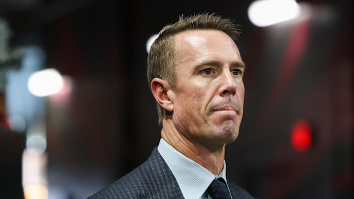 Former Atlanta Falcons quarterback Matt Ryan on the sideline before being inducted in the team’s ring of honor at halftime of a game against the Tampa Bay Buccaneers at Mercedes-Benz Stadium.