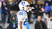 Dec 6, 2025; Charlotte, NC, USA; Duke Blue Devils running back Nate Sheppard (20) celebrates a touchdown in the second quarter against the Virginia Cavaliers during the 2025 ACC Championship game at Bank of America Stadium. Mandatory Credit: Bob Donnan-Imagn Images