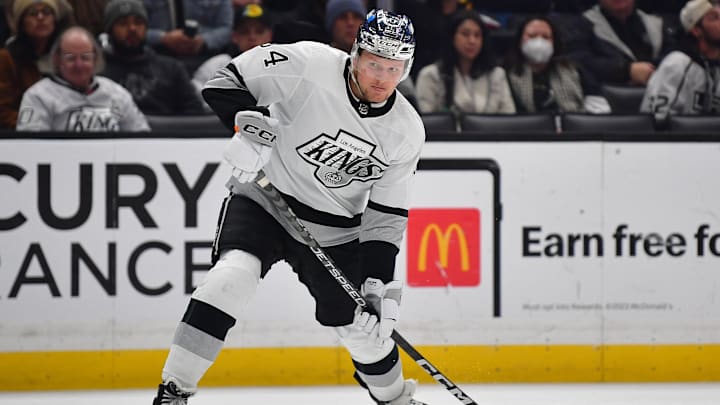 Feb 24, 2024; Los Angeles, California, USA; Los Angeles Kings right wing Arthur Kaliyev (34) shoots on goal against the Anaheim Ducks during the second period at Crypto.com Arena. Mandatory Credit: Gary A. Vasquez-Imagn Images