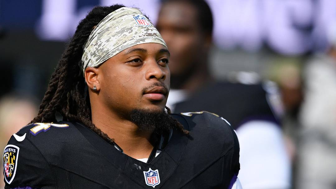 Oct 26, 2025; Baltimore, Maryland, USA; Baltimore Ravens running back Keaton Mitchell (34) looks on before the game against the Chicago Bears at M&T Bank Stadium. Mandatory Credit: Tommy Gilligan-Imagn Images