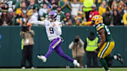 Minnesota Vikings quarterback J.J. McCarthy (9) passes the ball against the Green Bay Packers on Sunday, November 23, 2025, at Lambeau Field in Green Bay, Wis. 
Tork Mason/USA TODAY NETWORK-Wisconsin