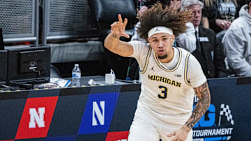 Mar 14, 2025; Indianapolis, IN, USA;  Michigan Wolverines guard Tre Donaldson (3) celebrates a basket in the first half against the Purdue Boilermakers at Gainbridge Fieldhouse. Mandatory Credit: Trevor Ruszkowski-Imagn Images