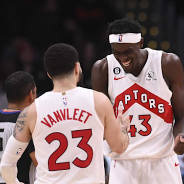 Mar 4, 2023; Washington, District of Columbia, USA;  Toronto Raptors forward Pascal Siakam (43) celebrates with  guard Fred VanVleet (23) after scoring during the during over time against the Washington Wizards at Capital One Arena. Mandatory Credit: Tommy Gilligan-Imagn Images