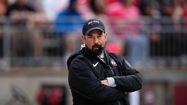 Ohio State Buckeyes head coach Ryan Day watches his players in the first half of the Ohio State football spring game at Ohio Stadium on Saturday, April 18, 2026 in Columbus, Ohio.