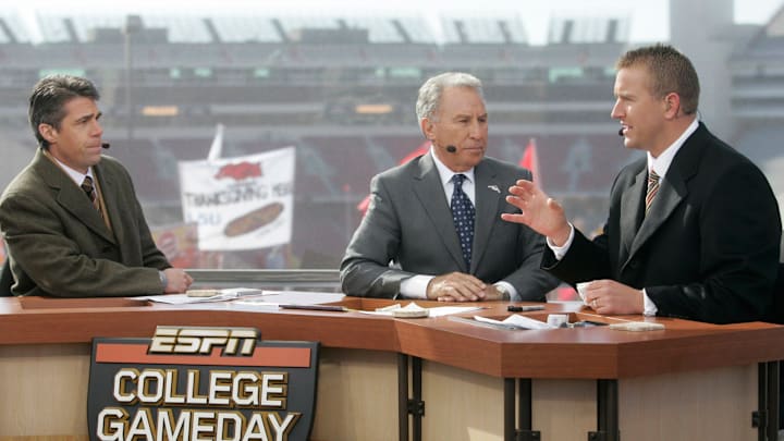 ESPN College GameDay is a weekly television program that airs during the college football season. The hosts are Kirk Herbstreit, Lee Corso, and Chris Fowler. The production was in Fayetteville, Arkansas Nov. 12 for the Arkansas/Tennessee game.